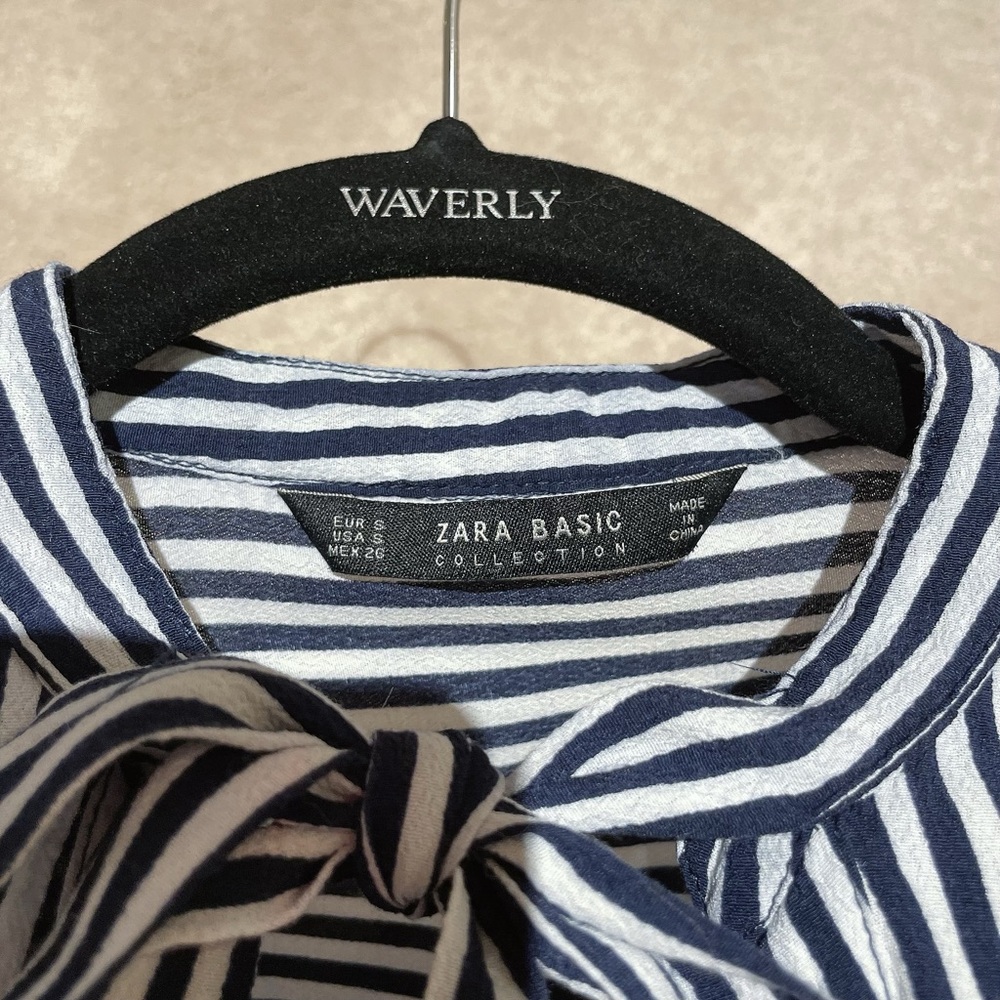 Zara Basic Striped Tie Neck Button Down - image 3